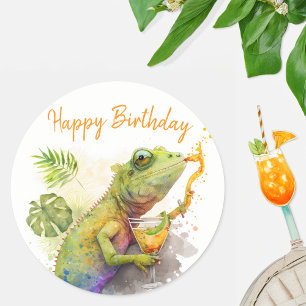 Summer Vibes Watercolor Chameleon - Happy Birthday Runder Aufkleber