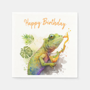 Summer Vibes Watercolor Chameleon - Happy Birthday Serviette