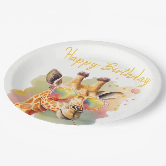 Summer Vibes Watercolor Giraffe - Happy Birthday Pappteller (Schrägansicht)