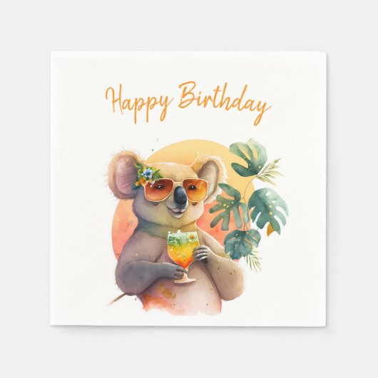 Summer Vibes Watercolor Koala - Happy Birthday Serviette (Vorderseite)