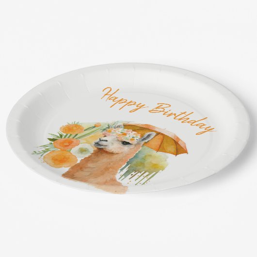 Summer Vibes Watercolor Llama - Happy Birthday Pappteller (Schrägansicht)