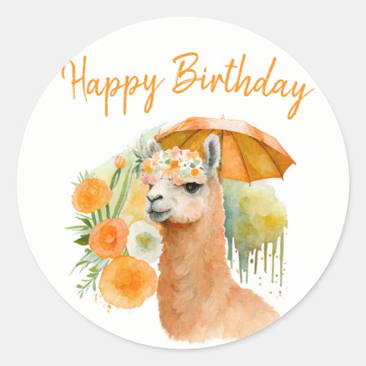 Summer Vibes Watercolor Llama - Happy Birthday Runder Aufkleber (Vorderseite)