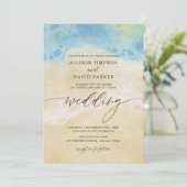 Summer Watercolor Beach Blue Wedding Einladungen (Stehend Vorderseite)