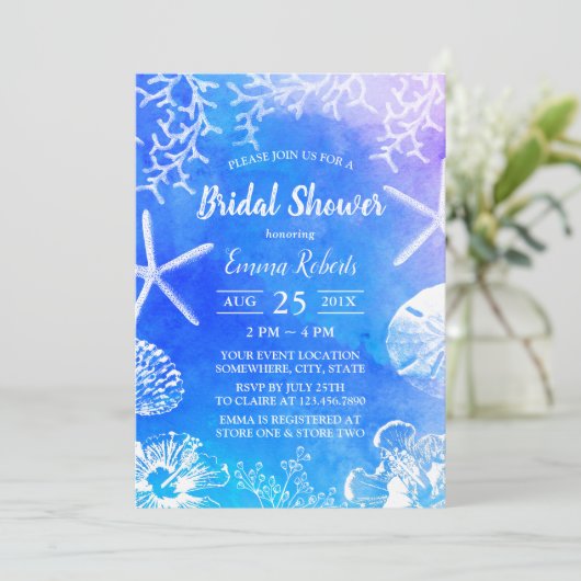 Summer Watercolor Beach Hochzeitssommer Brautparty Einladung (Stehend Vorderseite)