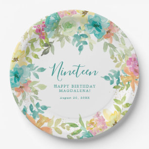 Summer Watercolor Blumen Custom 19. Geburtstag Pappteller
