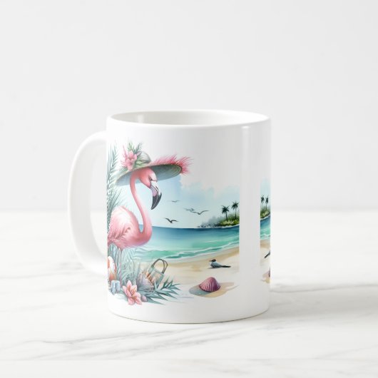 Summer Watercolor Flamingo am Strand Kaffeetasse (Vorderseite Links)