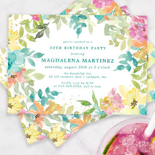 Summer Watercolor Floral 30. Geburtstag Party Einladung