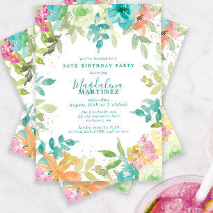 Summer Watercolor Floral 30. Geburtstag Party Einladung