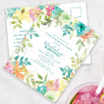 Summer Watercolor Floral 50. Geburtstag Einladung Postkarte<br><div class="desc">Neu im Sommer 2024. Moderne und farbenfrohe sommerliche Blumenfarbe mit rosa,  türkisblauen,  gelben und orangefarbenen Blume. Sie bilden einen rustikalen,  boho schicken botanischen Rahmen um Ihre Geburtstagsparty Details. Dieser Artikel ist Teil der Sammlung Summer Watercolor Floral. Es enthält professionell gestaltete Einladungen,  Begrüßungsschilder und Party-Dekorationen.</div>