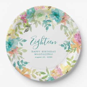 Summer Watercolor Floral Custom 18. Geburtstag Pappteller