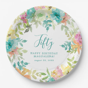 Summer Watercolor Floral Custom 50. Geburtstag Pappteller