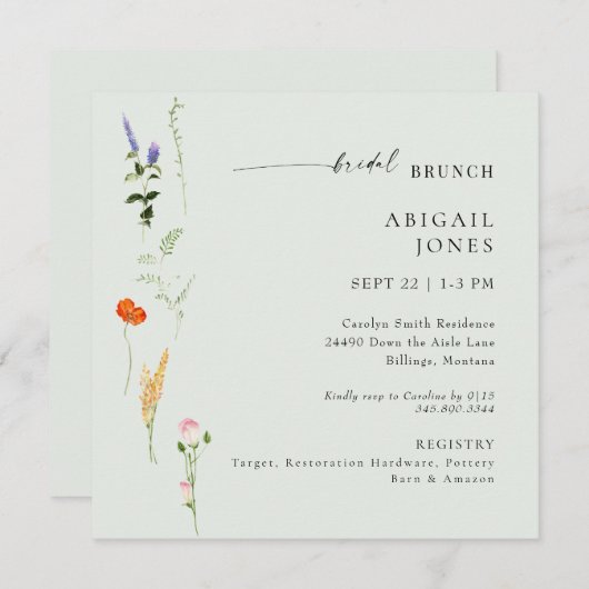 Summer Watercolor Floral Sage Bridal Brunch Einladung (Vorne/Hinten)