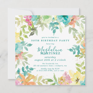 Summer Watercolor Floral Square 30. Geburtstag Einladung