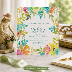 Summer Watercolor Floral Square 80. Geburtstag Einladung
