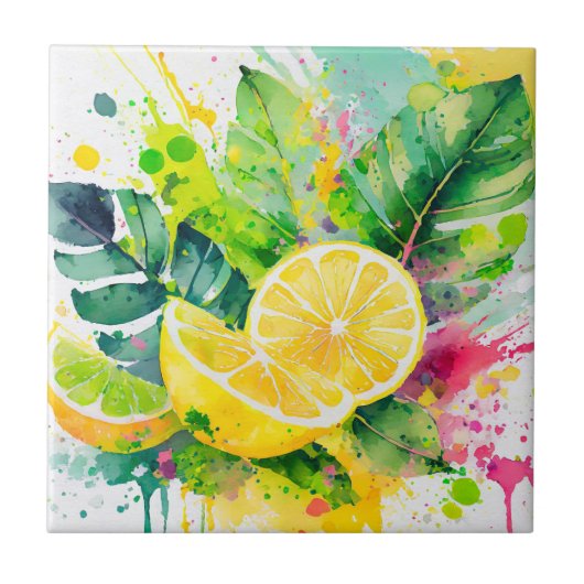 Summer Watercolor Juicy Lemons Paint Splashes Fliese (Vorderseite)