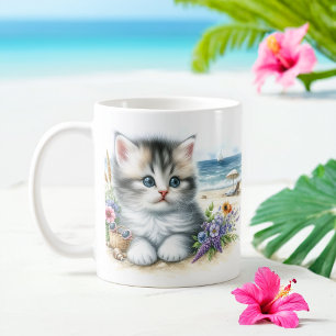 Summer Watercolor Kitten am Strand Kaffeetasse