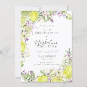 Summer Watercolor Lavendel Lemons 100. Geburtstag Einladung