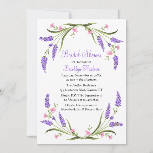 Summer Watercolor Lila florales Brautparty Einladung (Vorderseite)