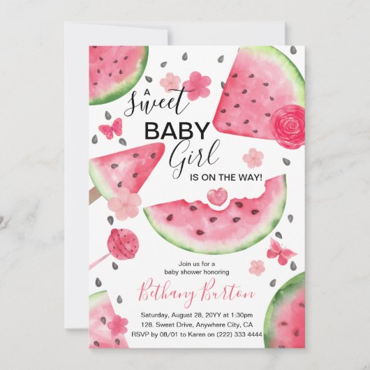 Summer Watermelon 'A Sweet Baby' Girl Baby Dusche Einladung (Vorderseite)