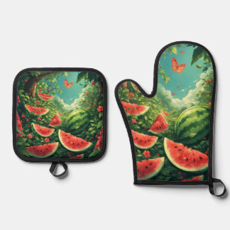 Summer Watermelon Garden - Farbenfrohe Schürze Ofenhandschuh & Topflappen-Set