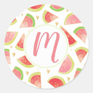 Summer Watermelon Slices & Gold Herzdesign Runder Aufkleber