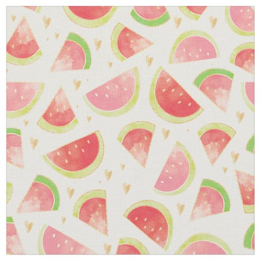 Summer Watermelon Slices & Gold Herzdesign Stoff (Nahaufnahme)