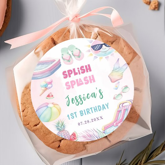Summer Waterslide Girl Birthday Party Runder Aufkleber