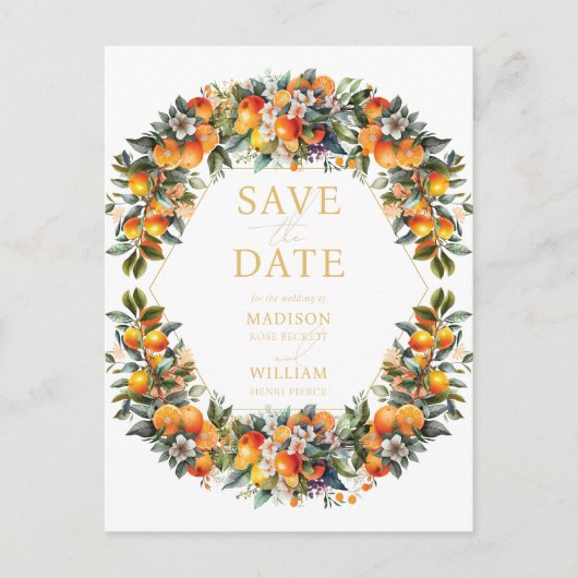 Summer Wedding Orange Citrus Save the Date Ankündigungspostkarte (Vorderseite)