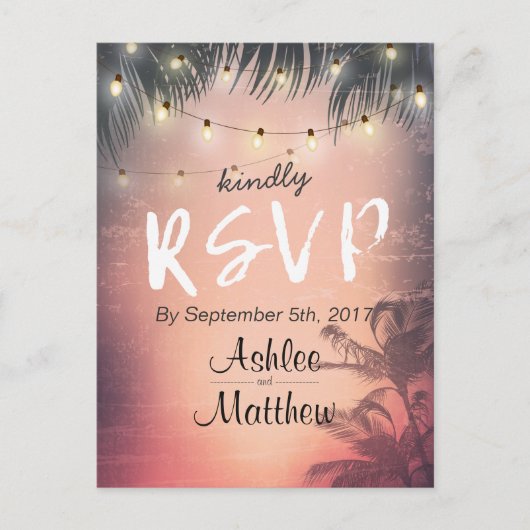 Summer Wedding String Lights Palm Tree UAWG Antwor Einladungspostkarte (Vorderseite)