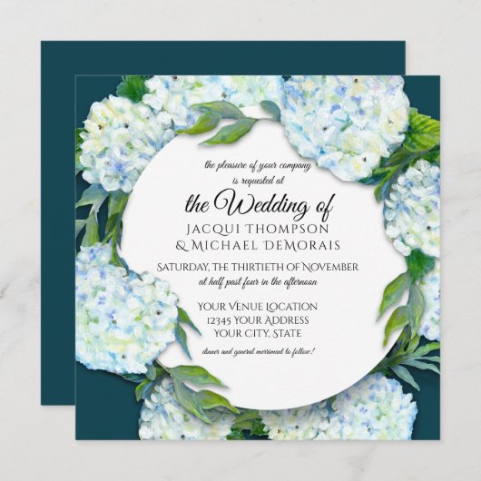 Summer Wedding White Hydrangea Floral Peacock Blue Einladung (Vorne/Hinten)