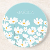 Summer White Cosmos Blume Individuelle Name Getränkeuntersetzer (Vorne)