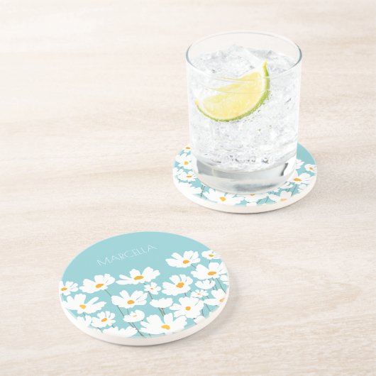 Summer White Cosmos Blume Individuelle Name Getränkeuntersetzer (Seite)