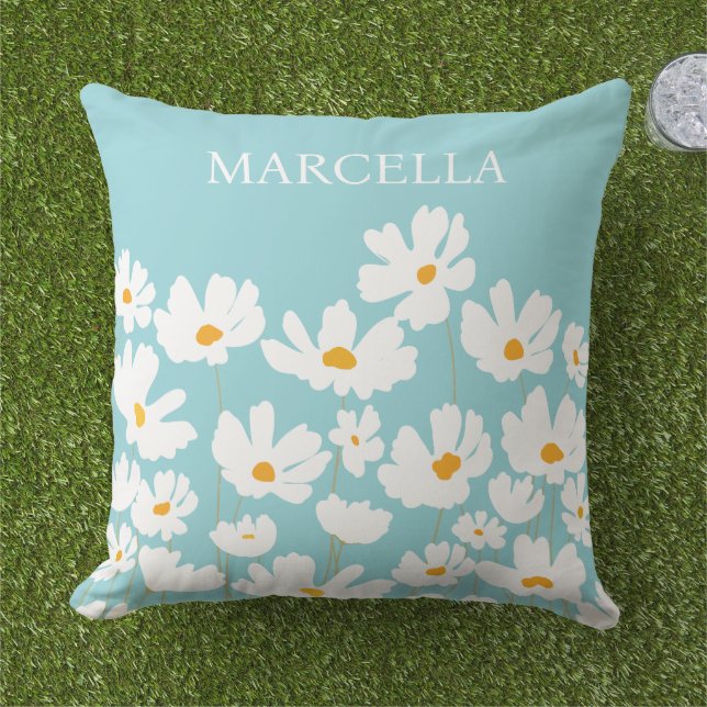 Summer White Cosmos Blume Individuelle Name Kissen (Gras)