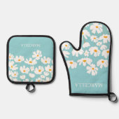 Summer White Cosmos Blume Individuelle Name Ofenhandschuh & Topflappen-Set (Vorderseite)