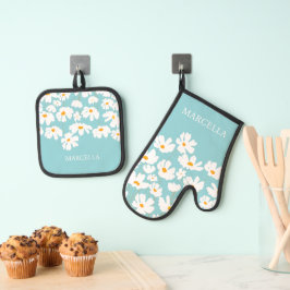 Summer White Cosmos Blume Individuelle Name Ofenhandschuh & Topflappen-Set