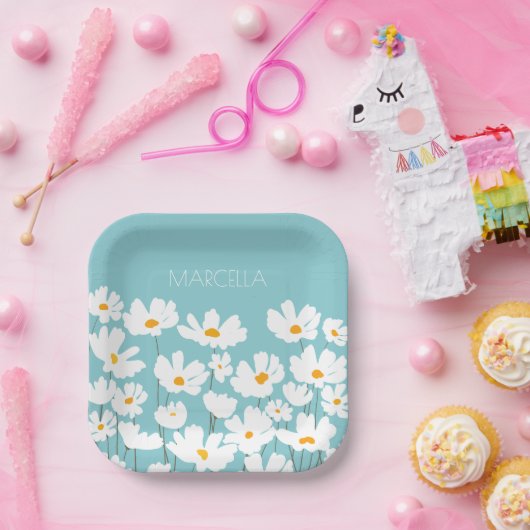 Summer White Cosmos Blume Individuelle Name Pappteller (Party)