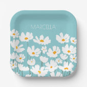 Summer White Cosmos Blume Individuelle Name Pappteller (Vorderseite)