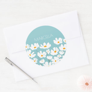 Summer White Cosmos Blume Individuelle Name Runder Aufkleber