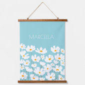 Summer White Cosmos Blume Individuelle Name Wandteppich Mit Holzrahmen (Vorderseite)