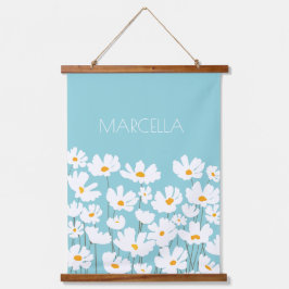 Summer White Cosmos Blume Individuelle Name Wandteppich Mit Holzrahmen