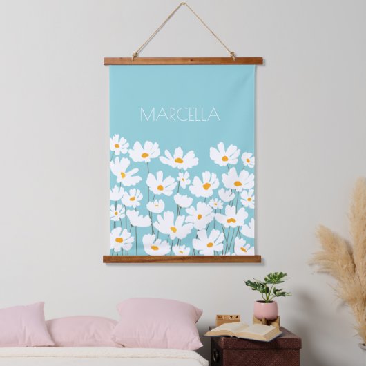 Summer White Cosmos Blume Individuelle Name Wandteppich Mit Holzrahmen (Schlafzimmer)