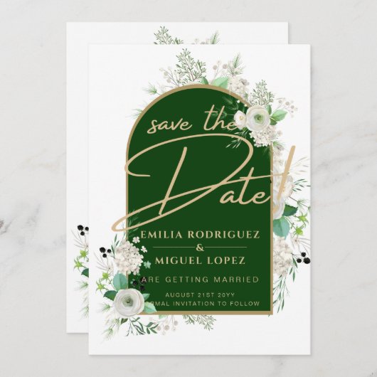 Summer White Roses Emerald Green Arch Wedding Einladung (Vorne/Hinten)