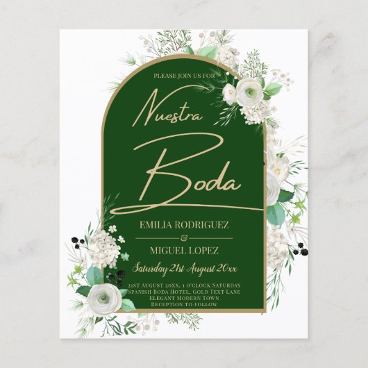 Summer White Roses Emerald Green Arch Wedding Flyer (Vorne)
