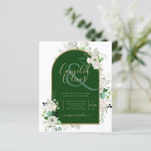 Summer White Roses Emerald Green Arch Wedding Inv (Stehend Vorderseite)