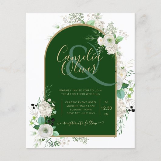 Summer White Roses Emerald Green Arch Wedding Inv Flyer (Vorne)