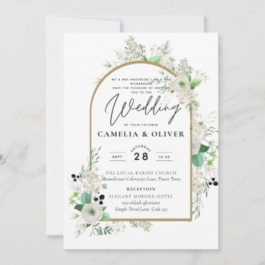 Summer White Roses Emerald Sage Greenerity WEDDING Einladung (Vorderseite)