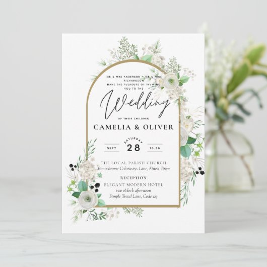 Summer White Roses Emerald Sage Greenerity WEDDING Einladung (Stehend Vorderseite)