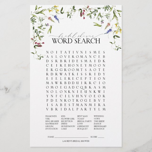 Summer Wildblume Word Search Brautparty Game (Vorderseite)