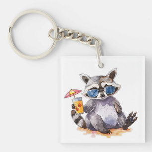 Summertime Beach Raccoon Aquarell Schlüsselanhänger