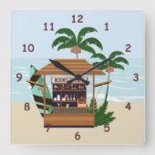 Summertime Resort Tiki Bar am Strand Quadratische Wanduhr (Vorderseite)